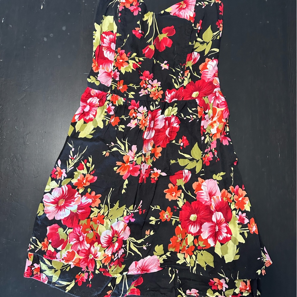 Black and floral strapless dress